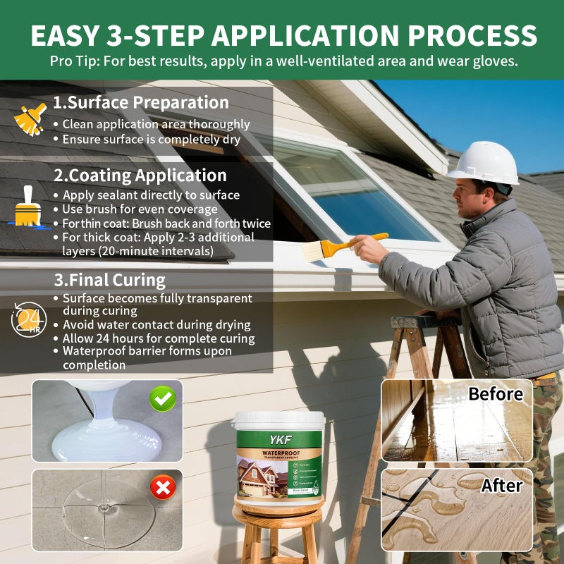 YKF Transparent Waterproof Sealant 12 Oz, Clear Water-Based Invisible Leak Repair Coating for Roofs, Walls, Bathroom, Shower, Kitchen, Indoor & Outdoor Waterproof Agent - Image 4